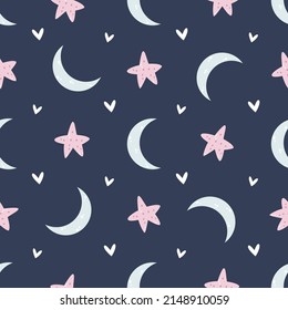 Seamless childish pattern with moons and stars for nursery, baby shower, textile.