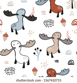 Seamless childish pattern with mooses in the forest. Creative woodland texture for fabric, wrapping, textile, wallpaper, apparel. Vector illustration