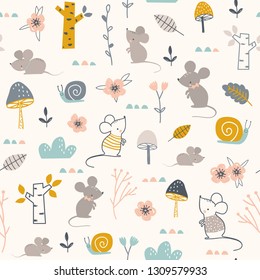 Seamless childish pattern with mouses, snails and flowers. Vector illustration. Use for textile, print, surface design, fashion kids wear