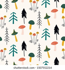 Seamless childish pattern with mushrooms, forest and plants, trees. Hand draw texture. Vector template. Woodland childish print in Scandinavian decorative style.
