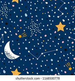 Seamless childish pattern with night starry sky. Creative kids texture for fabric, wrapping, textile, wallpaper, apparel. Vector illustration