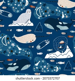 Seamless childish pattern with nordic animals, icebergs, Northern lights. Creative animals characters texture with whale killer, seal, narval. Vector illustration