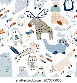 Seamless childish pattern with nordic animals. Creative animals characters texture with whale elk, polar bear, seal, owl, penguin, arctic fox, walrus. Vector illustration