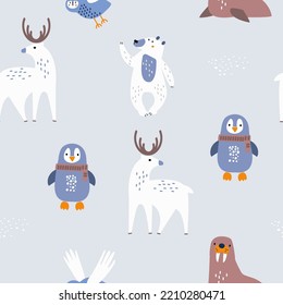 Seamless childish pattern with nordic animals. Creative animals characters texture with  polar bear, deer, owl, penguin, walrus. Vector illustration