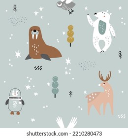 Seamless childish pattern with nordic animals. Creative animals characters texture with  polar bear, deer, owl, penguin, walrus. Vector illustration