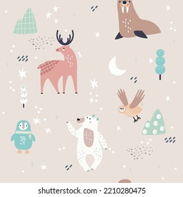 Seamless childish pattern with nordic animals. Creative animals characters texture with  polar bear, deer, owl, penguin, walrus. Vector illustration