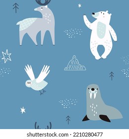 Seamless childish pattern with nordic animals. Creative animals characters texture with  polar bear, deer, owl, penguin, walrus. Vector illustration