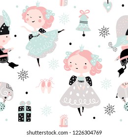 Seamless childish pattern with nutcracker, girl and ballerina. Christmas holiday vector Illustration for fabric, wrapping, textile, wallpaper, apparel.