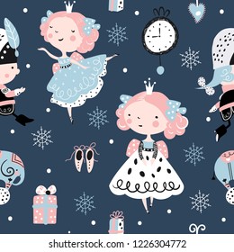 Seamless childish pattern with nutcracker, girl and ballerina. Christmas holiday vector Illustration for fabric, wrapping, textile, wallpaper, apparel.