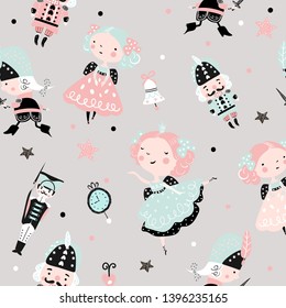 Seamless childish pattern with nutcracker, girl and ballerina. Christmas holiday vector Illustration for fabric, wrapping, textile, wallpaper, apparel.