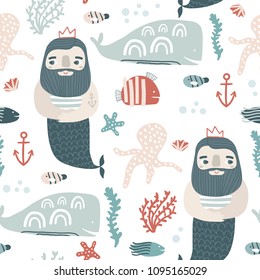 Seamless childish pattern ocean king and undersee elements . Creative scandinavian kids texture for fabric, wrapping, textile, wallpaper, apparel. Vector illustration