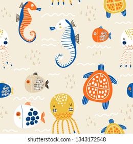 Seamless childish pattern with octopus, sea horse, fish,turtle.Creative under sea summer texture for fabric, wrapping, textile, wallpaper, apparel. Vector illustration