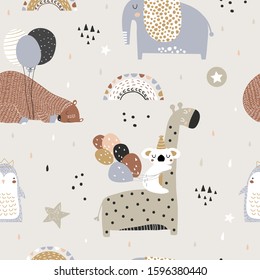 Seamless childish pattern with party animals . Creative scandinavian kids texture for fabric, wrapping, textile, wallpaper, apparel. Vector illustration