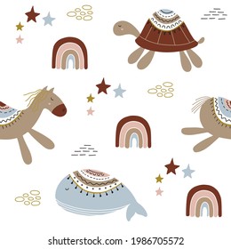 Seamless childish pattern with party animals. Vector illustration