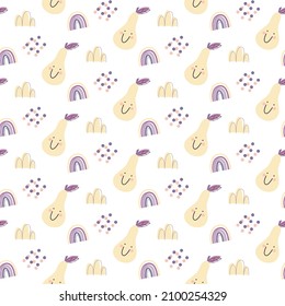 seamless childish pattern with pear, clouds, confetti, flowers. Great for baby textiles, wrapping paper, background