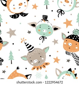 Seamless childish pattern with pigs in carnival costumes . Christmas scandinavian patch for kids fabric, wrapping, textile, wallpaper, apparel.