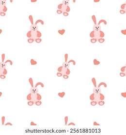 Seamless, childish pattern with pink bunnies on a white background
