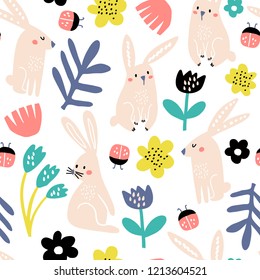 Seamless childish pattern with pink bunny, flowers, lady birds . Creative scandinavian kids texture for fabric, wrapping, textile, wallpaper, apparel. Vector illustration