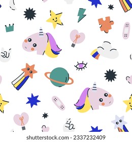 Seamless childish pattern with pins, patches elements, unicorn, rainbow, star. Vector kids modern texture 