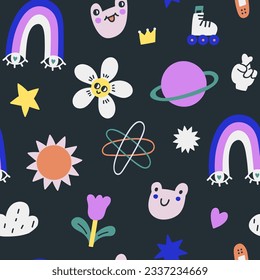Seamless childish pattern with pins, patches elements, rainbow, frog, sun, flower. Vector kids modern texture 
