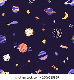 Seamless childish pattern with planet, star and comet in space. Cosmos background with celestial objects. Endless repeatable cosmic texture of universe. Colored flat vector illustration for printing