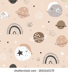 Seamless childish pattern with planets in sleeping hats, rainbows. Trendy space texture for fabric, apparel, textile, wallpaper. Vector illustration