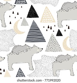 Seamless childish pattern with polar bear mom and baby. Creative kids design. Perfect for fabric, textile, warpping, nursery.Vector Illustration