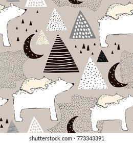 Seamless childish pattern with polar bear mom and baby. Creative kids design. Perfect for fabric, textile, warpping, nursery.Vector Illustration