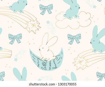Seamless childish pattern with rabbits. Creative nursery texture. Scandinavian childish pattern. Vector illustration. 