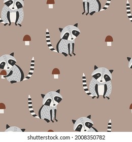 Seamless childish pattern with raccoons and mushrooms. Creative scandinavian kids texture for fabric, wrapping, textile, wallpaper, apparel. Vector illustration. 