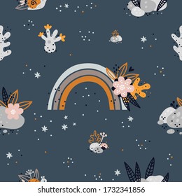 Seamless childish pattern with rainbow, cartoon coral reefs. Underwater world. Children background. Creative kids texture for print, digital paper, textile, fabric,room decor, wrapping paper pattern