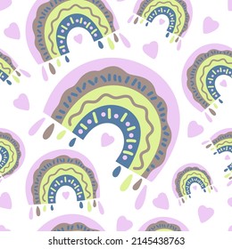Seamless childish pattern rainbow and heart. Element of the design of kids' clothes. Cute hand draw vector Illustration flat style.  