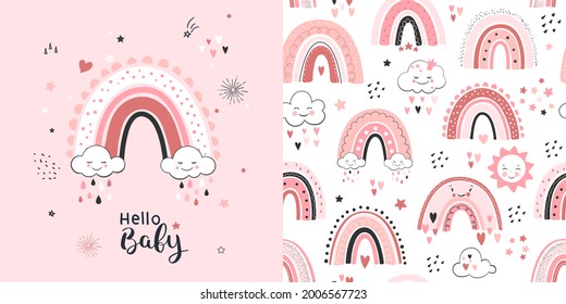 Seamless childish pattern with rainbow and rain clouds in pink sky. Cute vector texture for kids bedding, fabric, wallpaper, wrapping paper, textile, t-shirt print