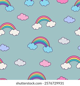 seamless childish pattern with rainbows and clouds on a blue background