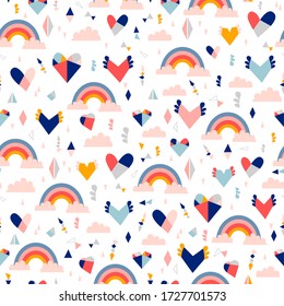 Seamless childish pattern with rainbows and hearts. Creative texture for fabric, wrapping, textile, wallpaper, apparel. Vector illustration