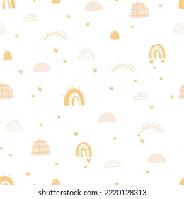 Patrón infantil sin foco con arcos de lluvia y corazones. Sencilla decoración de vivero, tejidos, tejidos para niños, papel de envoltura. Vector