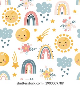 Seamless childish pattern with rainbows with sun and moon. Scandi childish background. Trendy baby texture for fabric textile wallpaper apparel wrapping.