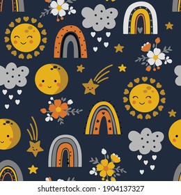 Seamless childish pattern with rainbows with sun and moon. Scandi childish illustration on a blue background. Trendy baby texture for fabric textile wallpaper apparel wrapping.