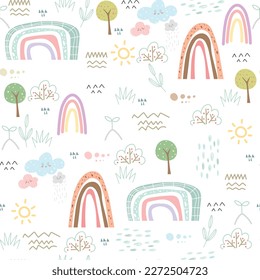 Seamless childish pattern with rainbows with sun, clouds, tree, plants. Scandi childish background. Trendy baby texture for fabric textile wallpaper apparel wrapping.