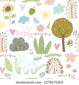 Nahtlose kindliche Muster mit Regenbögen mit Sonne, Wolken, Baum, Pflanzen. Skandinavier, kalter Hintergrund. Trendy Baby Textur für Textil-Tapete Bekleidung Umhüllung.