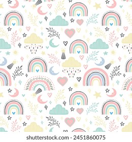 Seamless childish pattern with rainbows with sun and moon. Scandi childish background. Trendy baby texture for fabric textile wallpaper apparel wrapping.