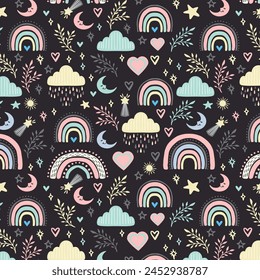 Seamless childish pattern with rainbows with sun and moon. Scandi childish background. Trendy baby texture for fabric textile wallpaper apparel wrapping.