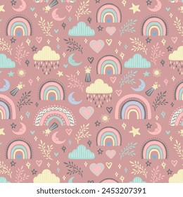 Seamless childish pattern with rainbows with sun and moon. Scandi childish background. Trendy baby texture for fabric textile wallpaper apparel wrapping.