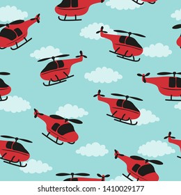 Seamless childish pattern with red helicopters and clouds.
