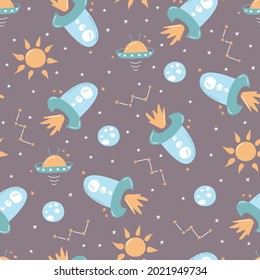 Seamless childish pattern with rockets, planets, stars, alien ship. Pastel color cosmic pattern. Ideal for wrapping paper, textile, wallpaper, baby wear, etc. Space theme. Eps 10.