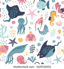 Seamless childish pattern with sea inhabitants, decor elements. Colorful flat vector. Hand drawing for children.
