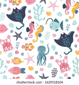 Seamless childish pattern with sea inhabitants, decor elements. Colorful flat vector. Hand drawing for children.
