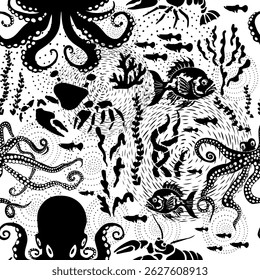 Seamless childish pattern with sea inhabitants, decor elements. Monochrome flat vector. Hand drawing for children.
