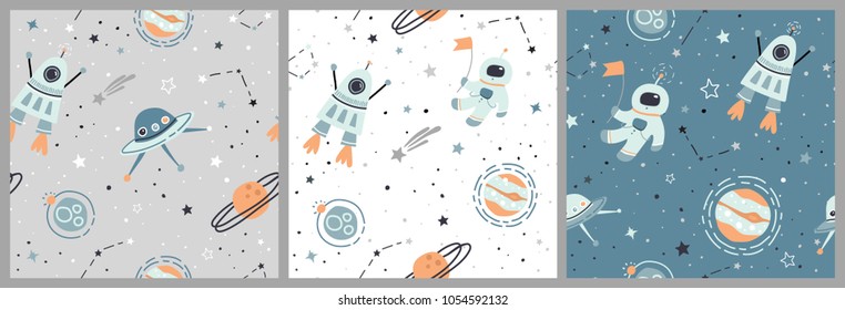 Seamless childish pattern set with hand drawn space elements space, satellite, planet, rocket, stars, space probe, constellations, meteorite, astronaut. Kids flat green, white, grey vector backgrounds