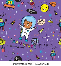 Seamless childish pattern set with hand drawn space elements space, satellite, planet, rocket, stars, space probe, constellations, meteorite, astronaut,Seamless pattern with space
